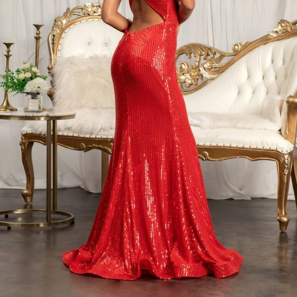 Sequin Embellished Embroidered Mermaid Dress w/ Cut-out Back  Slit DRESS CD3050 - Picture 2 of 6